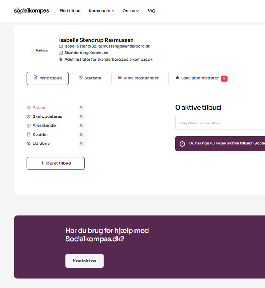 Skærmbillede hvor menupunktet "mine tilbud" er valgt og de tilgængelige funktioner herunder er vist